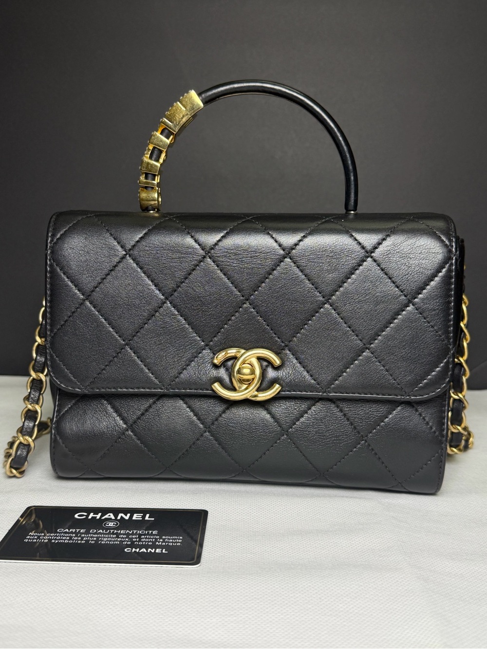 Authentic CHANEL Pearl Logo Top Handle Flap Bag Quilted Lambskin